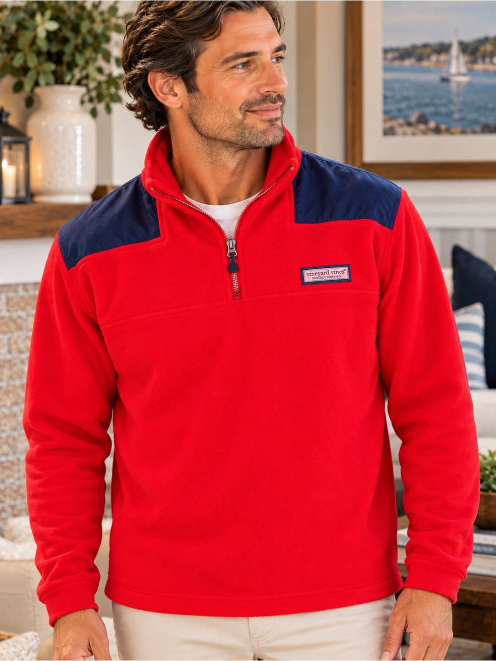 Vineyard Vines Shep Shirt Fleece Quarter Zip Pullover Red Navy Large #650
